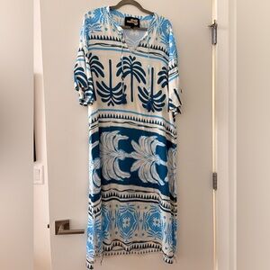 Blue and White Tropical Midi Dress